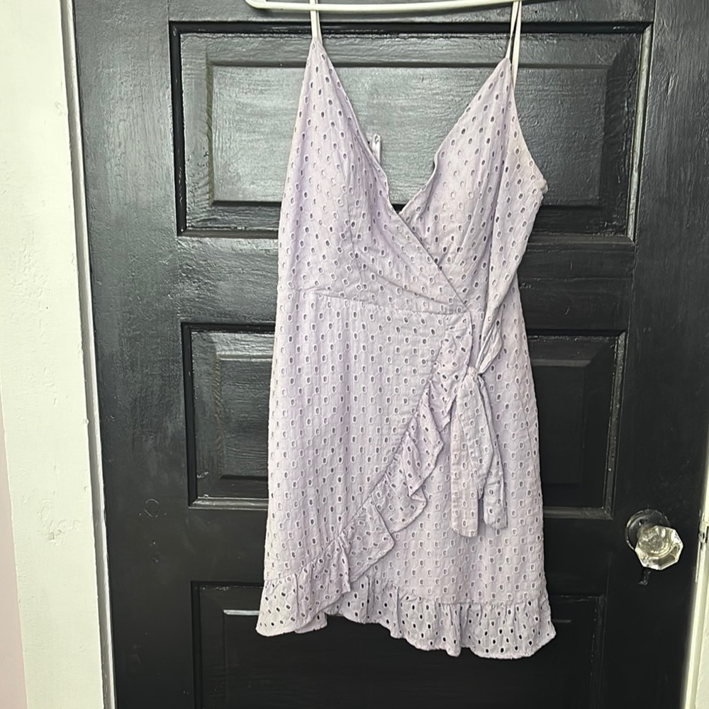 Sage Lavender Eyelet Wrap Mini Dress